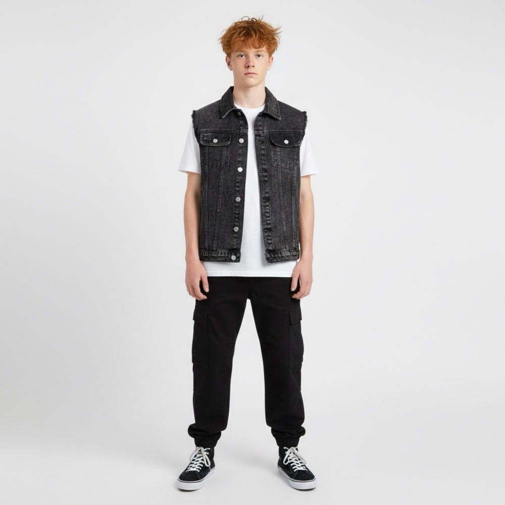 SHEIN Youth Boys Denim Trucker Vest Black Sleeveless Graphic Back 13-14Y